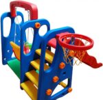 Red Blue Kids Slide and Swing Set with Basketball Net - Image 6