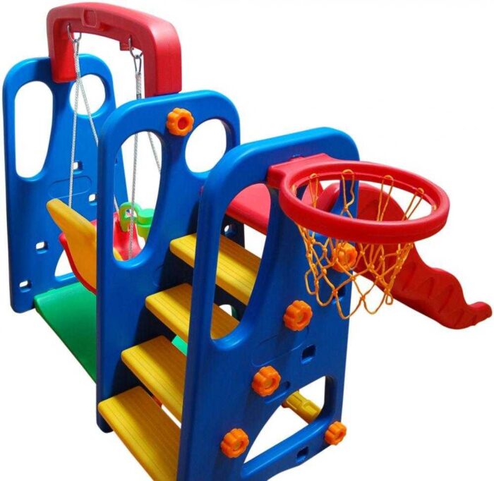 Red Blue Kids Slide and Swing Set with Basketball Net - Image 6