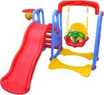 Red Blue Kids Slide and Swing Set with Basketball Net - Image 2