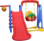 Red Blue Kids Slide and Swing Set with Basketball Net - Image 3
