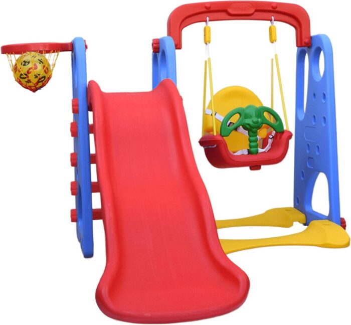 Red Blue Kids Slide and Swing Set with Basketball Net - Image 3