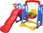 Red Blue Kids Slide and Swing Set with Basketball Net - Image 4