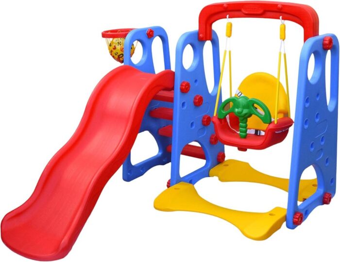 Red Blue Kids Slide and Swing Set with Basketball Net - Image 4