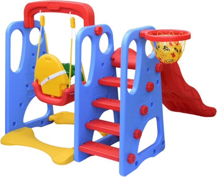 Red Blue Kids Slide and Swing Set with Basketball Net - Image 5