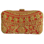 Royal Red Box Clutch with Gold Zardozi and Beads Flower Work