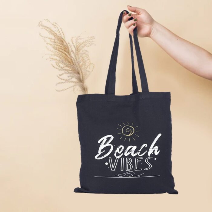 Black Cotton Flat Tote Sustainable Bag (Beach Vibes) 38x42 cm - Image 3
