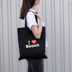 Black Cotton Flat Tote Sustainable Bag (I Love Beach) 38x42 cm - Image 2