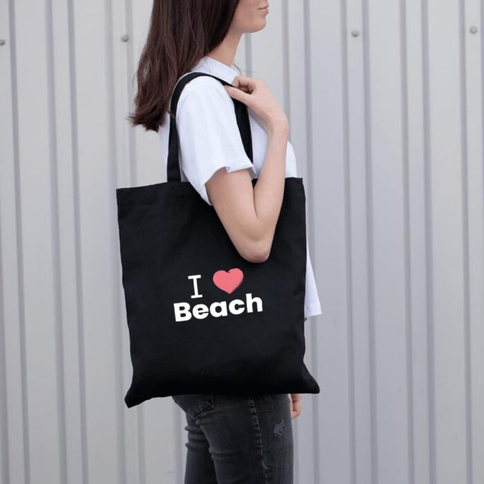 Black Cotton Flat Tote Sustainable Bag (I Love Beach) 38x42 cm - Image 2