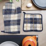 Orchard Gloves And Pot Holder- Denim Blue And Caramel Checks