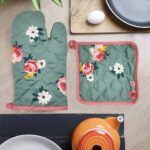 Orchard Gloves And Pot Holder- Green & Pink Floral