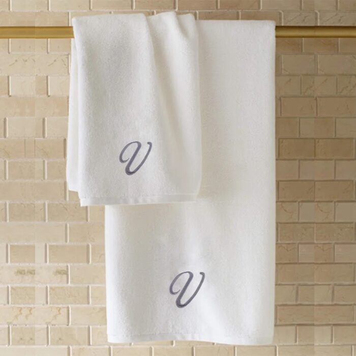 Iris Embroidered For You Bath Towel 70 x 140 Cm 600 Gsm White 100% Cotton Letter "V" Silver Thread Set of 01 - Image 4