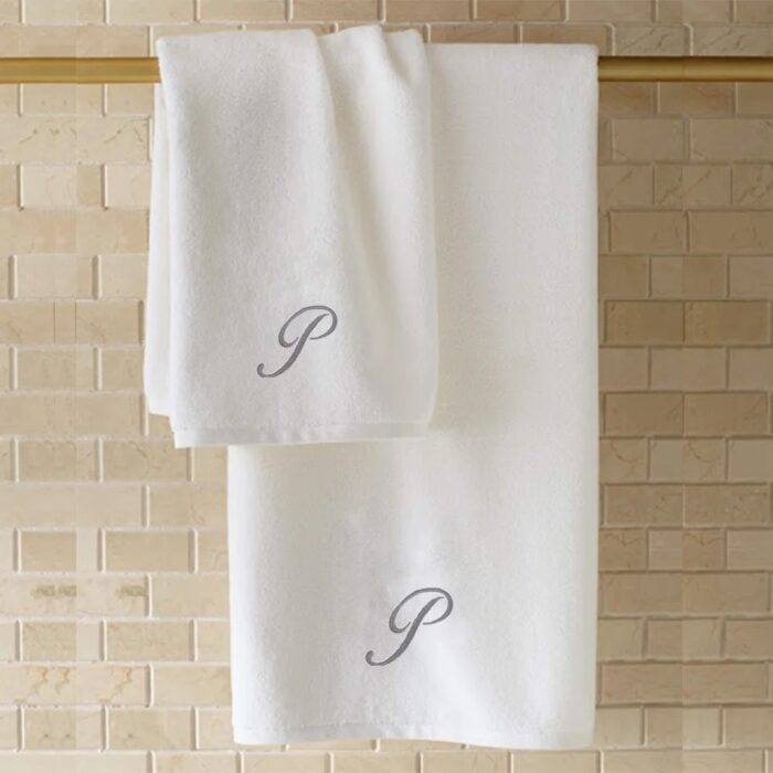 Iris Embroidered For You Bath Towel 70 x 140 Cm 600 Gsm White 100% Cotton Letter "P" Silver Thread Set of 01 - Image 4