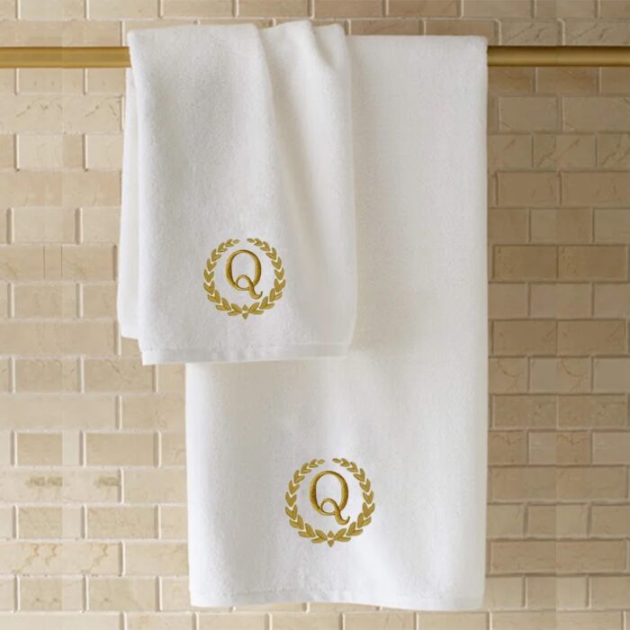 Iris Embroidered For You Bath Towel 70 x 140 Cm 600 Gsm White 100% Cotton Letter "Q" Gold Thread Set of 01 - Image 4