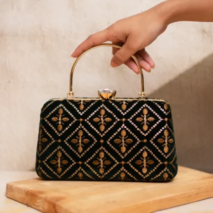 Brocade Fabric Clutch Bag Large - Black & Gold