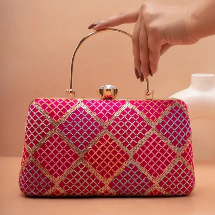 Brocade Fabric Clutch Bag Large - Pink