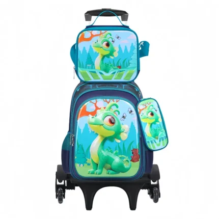 Esabela Trolley School Bag Set for Kids Lightweight Water-proof Matching Lunch Bag & Pencil Case - Green Dinosaur