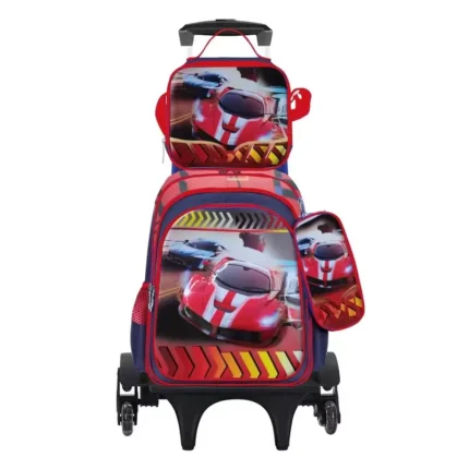 Esabela Trolley School Bag Set for Kids Lightweight Water-proof Matching Lunch Bag & Pencil Case - Red Race Car