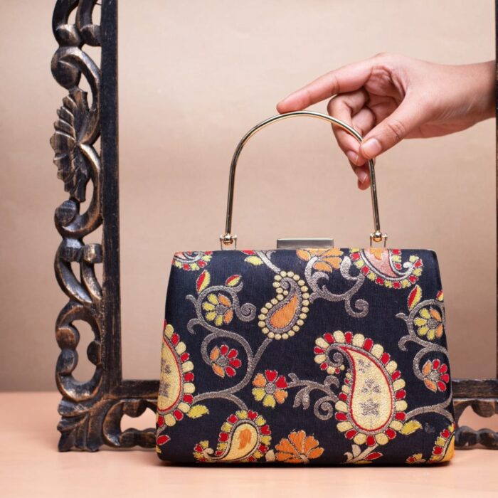 Black And Multi Colours Brocade Fabric Clutch Bag - Image 2