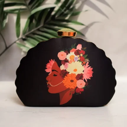 D-Shaped Digital Print Clutch Bag - Black