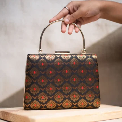 Fabric Design Clutch Bag - Black, Gold & Red