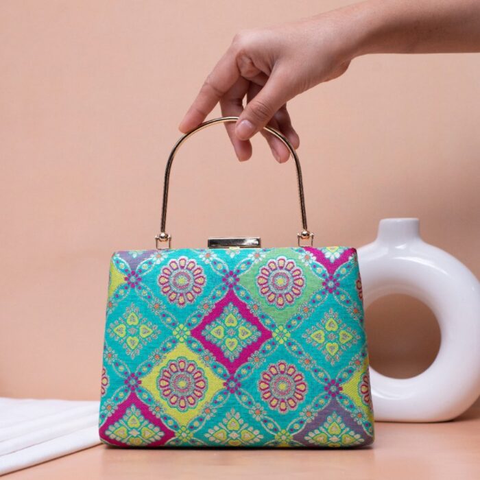 Light Green With Squares Print Brocade Fabric Clutch Bag - Image 2