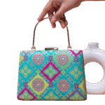 Light Green With Squares Print Brocade Fabric Clutch Bag