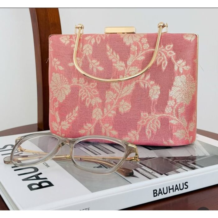 Pastel Peach and Off White Print Ethnic Clutch Bag - Image 2
