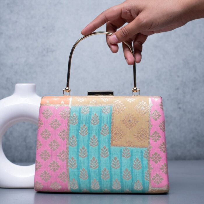 Pink Green Yellow Brocade Fabric Clutch Bag - Image 2