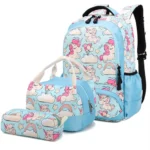 Esabela 3-Piece School Set for Kids - School Bag Water-proof Lunch Bag and Pencil Case - Blue Unicorn