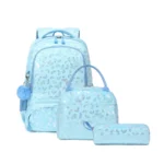 Esabela 3-Piece School Set for Kids - School Bag Water-proof Lunch Bag and Pencil Case - Light Blue Butterfly