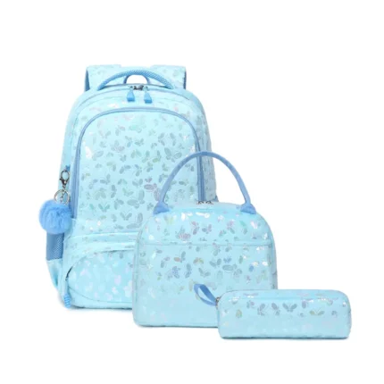 Esabela 3-Piece School Set for Kids - School Bag Water-proof Lunch Bag and Pencil Case - Light Blue Butterfly