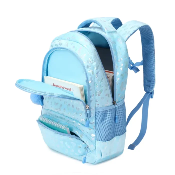 Esabela 3-Piece School Set for Kids - School Bag Water-proof Lunch Bag and Pencil Case - Light Blue Butterfly - Image 4