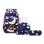 Esabela 3-Piece School Set for Kids - School Bag Water-proof Lunch Bag and Pencil Case - Pink Moon Bear