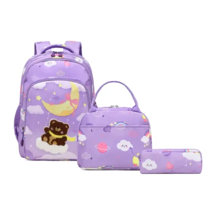 Esabela 3-Piece School Set for Kids - School Bag Water-proof Lunch Bag and Pencil Case - Purple Moon Bear