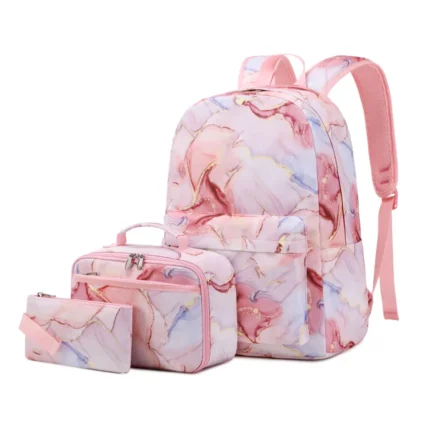 Esabela 3-Piece School Set for Kids - School Bag Water-proof Lunch Bag and Pencil Case - Pink Marble