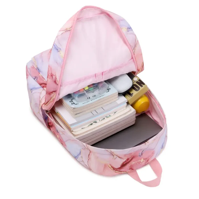 Esabela 3-Piece School Set for Kids - School Bag Water-proof Lunch Bag and Pencil Case - Pink Marble - Image 4