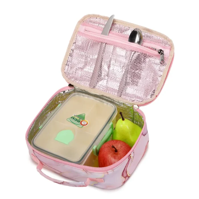 Esabela 3-Piece School Set for Kids - School Bag Water-proof Lunch Bag and Pencil Case - Pink Marble - Image 5