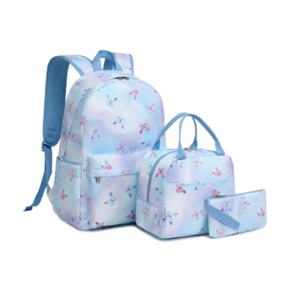 Esabela 3-Piece School Set for Kids - School Bag Water-proof Lunch Bag and Pencil Case - Blue Butterfly