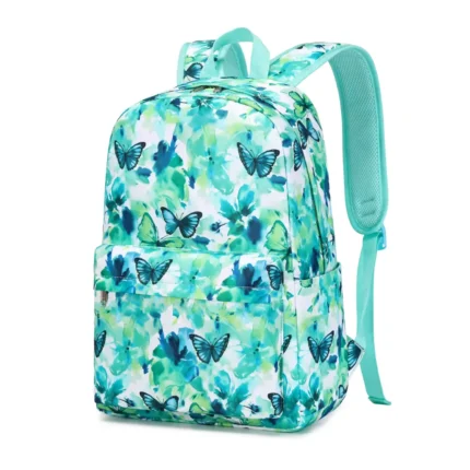 Esabela 3-Piece School Set for Kids - School Bag Water-proof Lunch Bag and Pencil Case - Green Butterfly