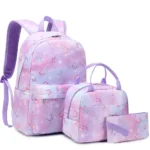 Esabela 3-Piece School Set for Kids - School Bag Water-proof Lunch Bag and Pencil Case - Purple Butterfly