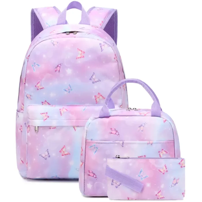 Esabela 3-Piece School Set for Kids - School Bag Water-proof Lunch Bag and Pencil Case - Purple Butterfly - Image 2