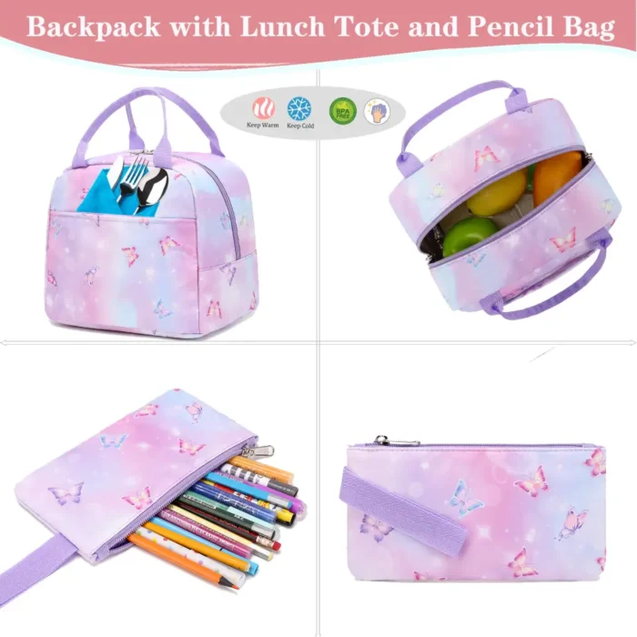 Esabela 3-Piece School Set for Kids - School Bag Water-proof Lunch Bag and Pencil Case - Purple Butterfly - Image 4