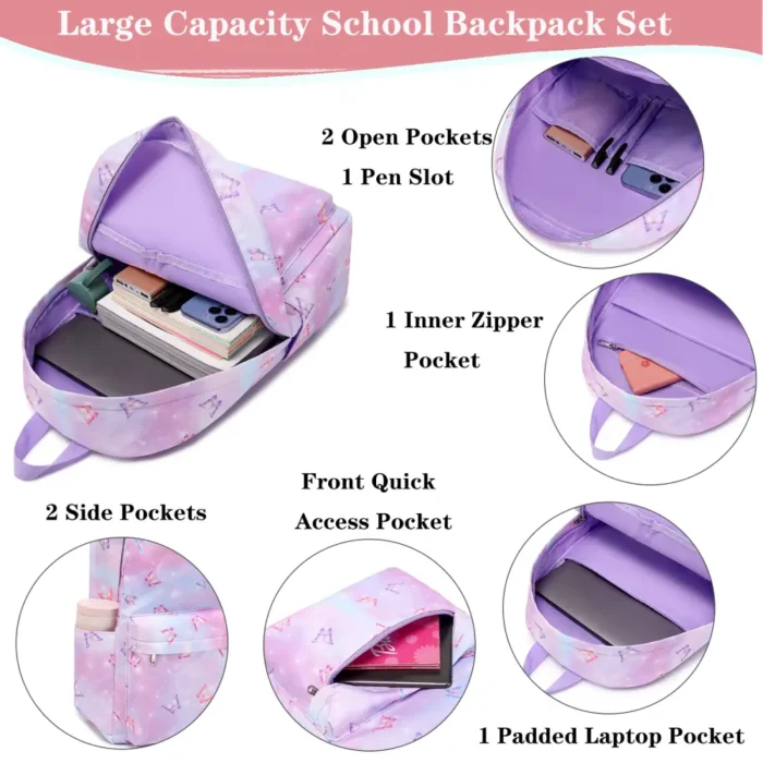 Esabela 3-Piece School Set for Kids - School Bag Water-proof Lunch Bag and Pencil Case - Purple Butterfly - Image 5
