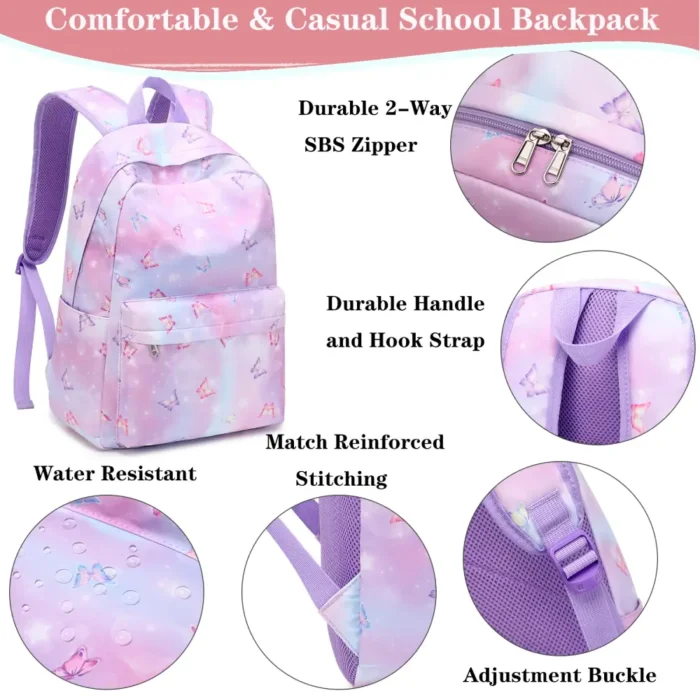 Esabela 3-Piece School Set for Kids - School Bag Water-proof Lunch Bag and Pencil Case - Purple Butterfly - Image 6