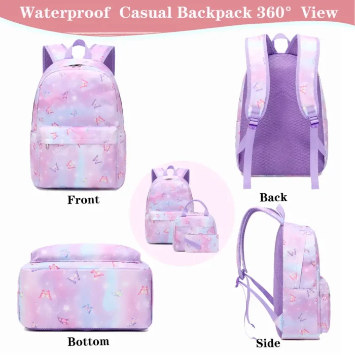 Esabela 3-Piece School Set for Kids - School Bag Water-proof Lunch Bag and Pencil Case - Purple Butterfly - Image 7