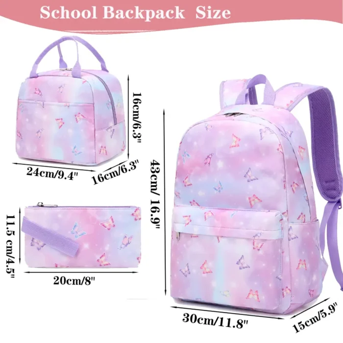 Esabela 3-Piece School Set for Kids - School Bag Water-proof Lunch Bag and Pencil Case - Purple Butterfly - Image 8