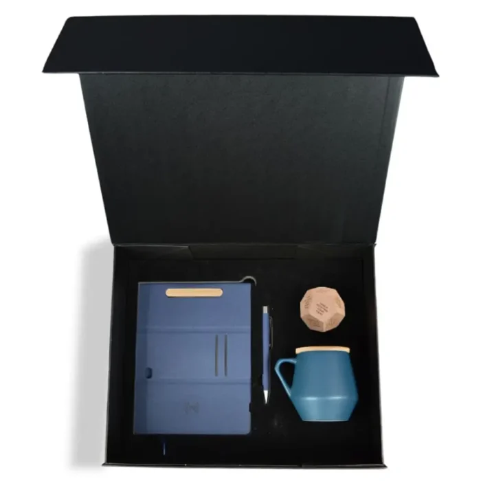 Mindful Productivity Corporate Gift Set - Blue with a Ceramic Mug, Wireless Mousepad, Notebook, Pen and Wooden Dice in a Gift Box - Image 2