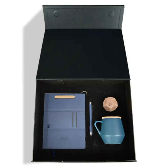 Mindful Productivity Corporate Gift Set - Blue with a Ceramic Mug, Wireless Mousepad, Notebook, Pen and Wooden Dice in a Gift Box - Image 3