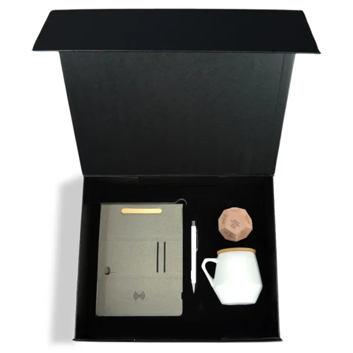 Mindful Productivity Corporate Gift Set - White / Grey with a Ceramic Mug, Wireless Mousepad, Notebook, Pen and Wooden Dice in a Gift Box - Image 2