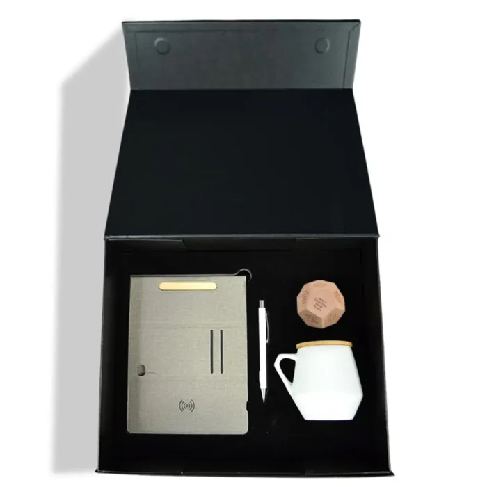 Mindful Productivity Corporate Gift Set - White / Grey with a Ceramic Mug, Wireless Mousepad, Notebook, Pen and Wooden Dice in a Gift Box - Image 3